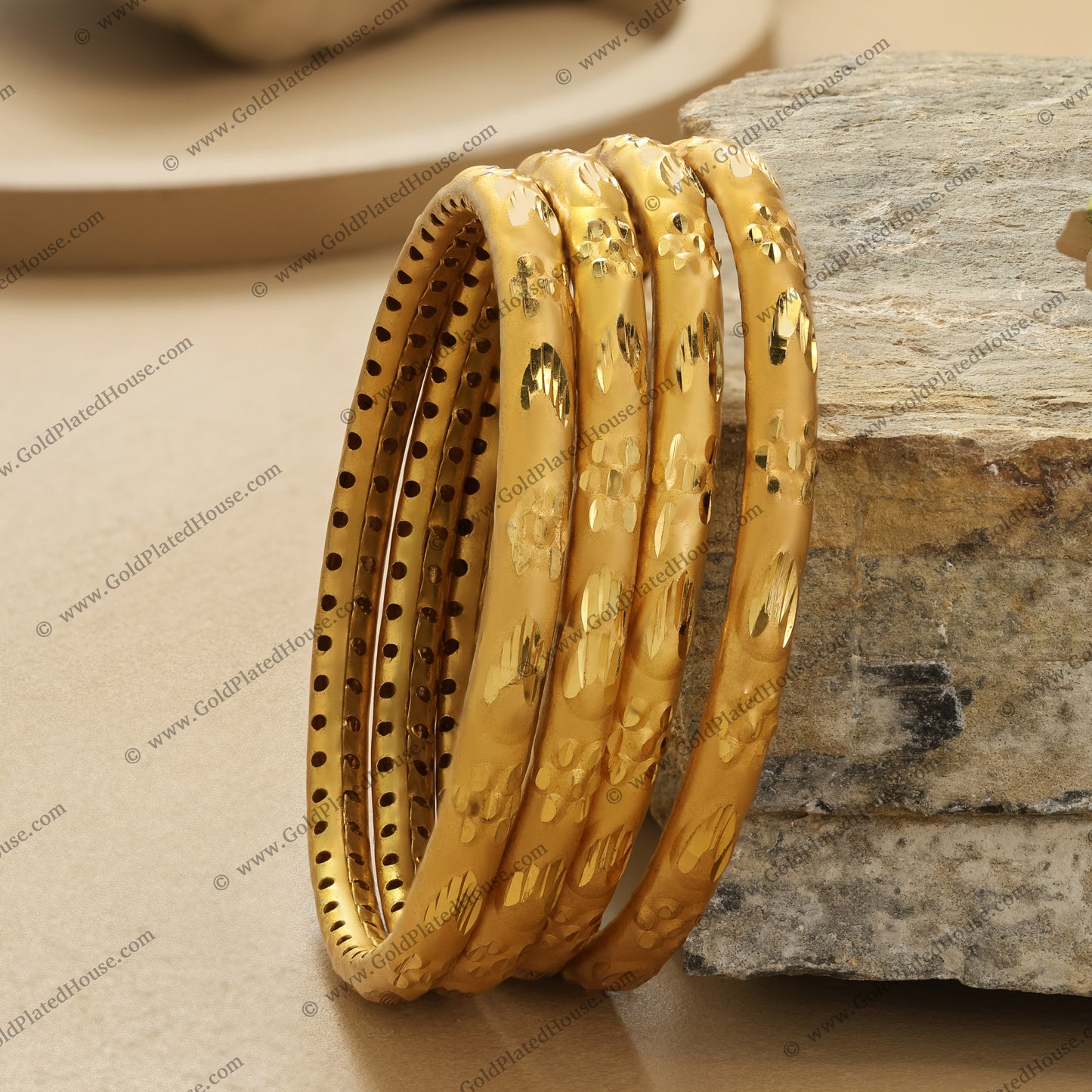 Subtle Floral Etched Gold Look Bangle Set - BNGL069