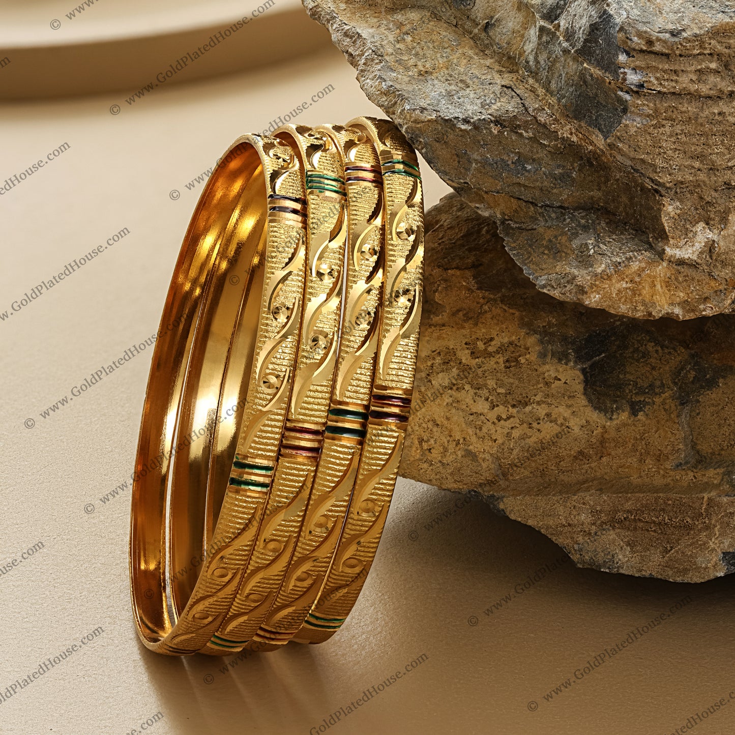 Vibrant Enamel Weave Gold Look Bangle Set - BNGL033