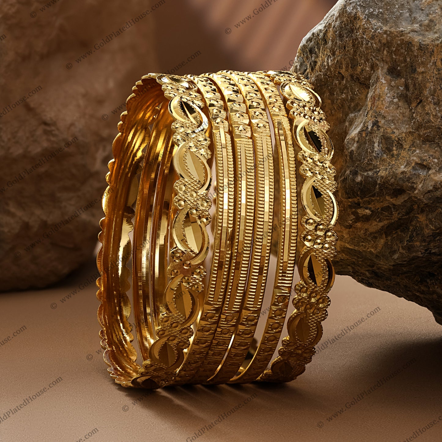 Ornate Leaf & Textured Band Gold Look Bangle Set - BNGL056