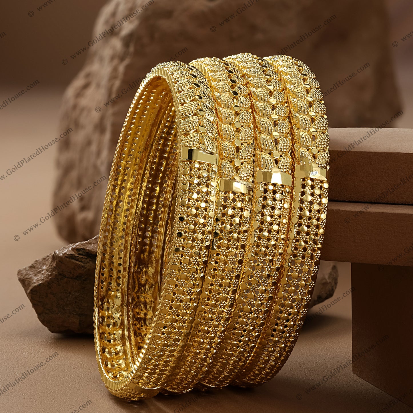 Densely Embossed Textured Gold Look Bangle Set - BNGL076