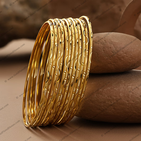 Ultra-Slim Textured Wave & Dot Gold Look Bangle Set - BNGL013