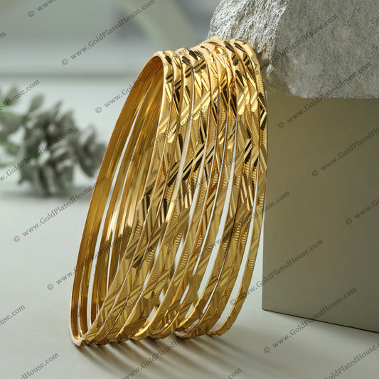 Diamond-Cut Zigzag Pattern Gold Look Bangle Set - BNGL015