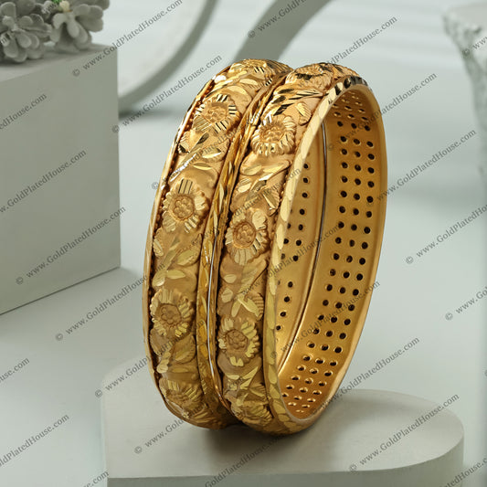 Artisan Floral Carved Gold Look Kada Set - BNGL060