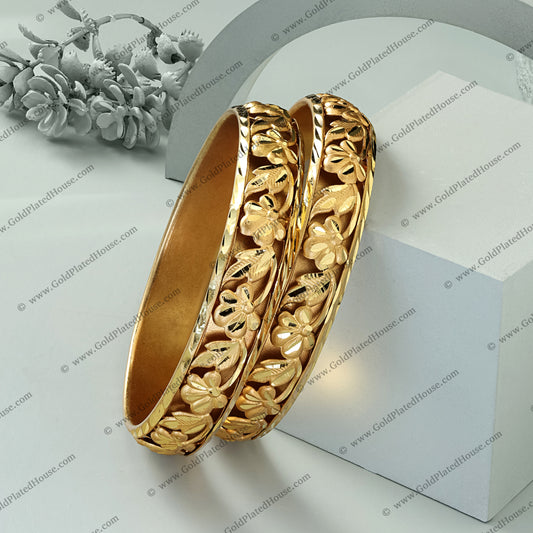 Lush Floral & Leaf Carved Gold Look Kada Set - BNGL063