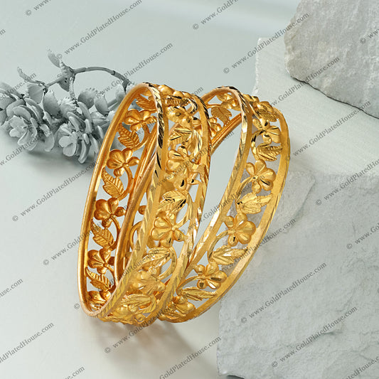 Delicate Openwork Floral Gold Look Kada Set - BNGL064