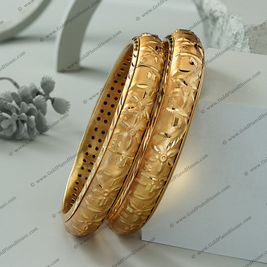 Etched Floral & Leaf Gold Look Kada Set - BNGL067