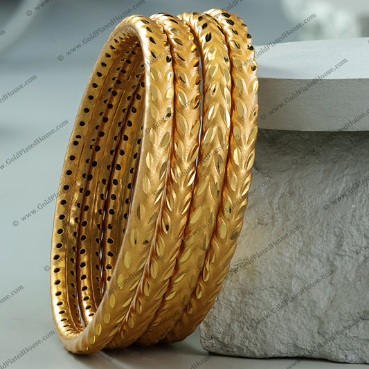 Flowing Leaf Texture Gold Look Bangle Set - BNGL068