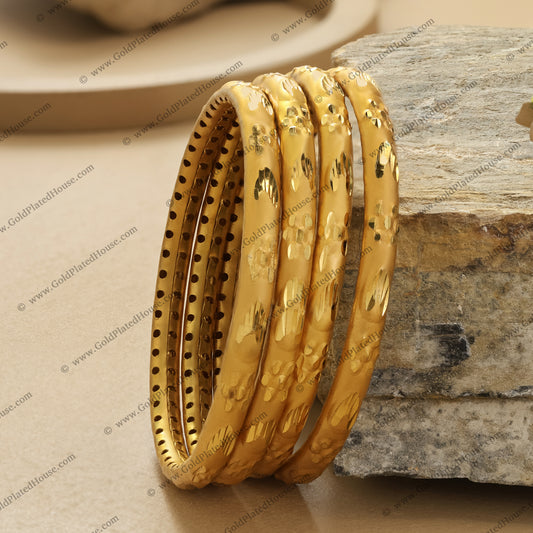 Subtle Floral Etched Gold Look Bangle Set - BNGL069