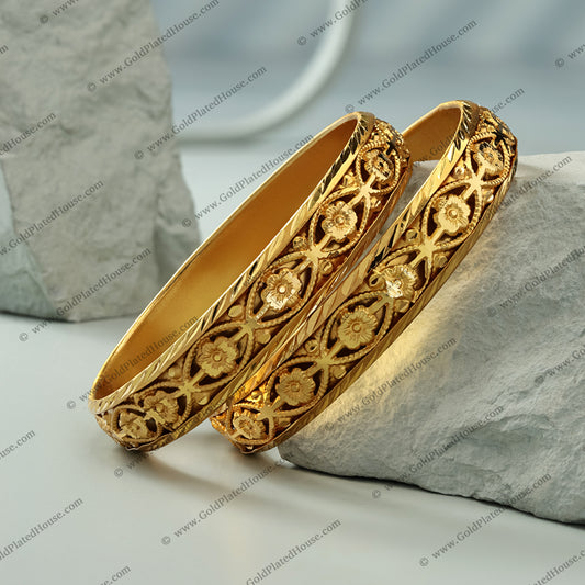 Ornate Floral & Scrollwork Gold Look Kada Set - BNGL071