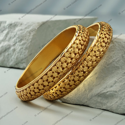 Densely Textured Floral Gold Look Kada Set - BNGL072