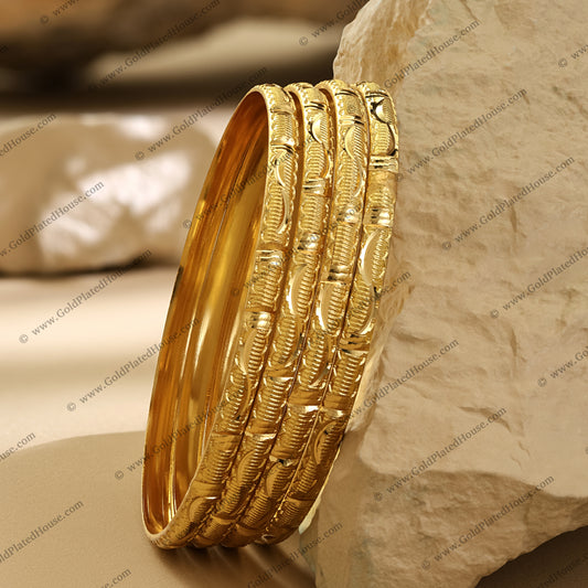 Ornate Bamboo Texture & Groove Gold Look Bangle Set - BNGL016