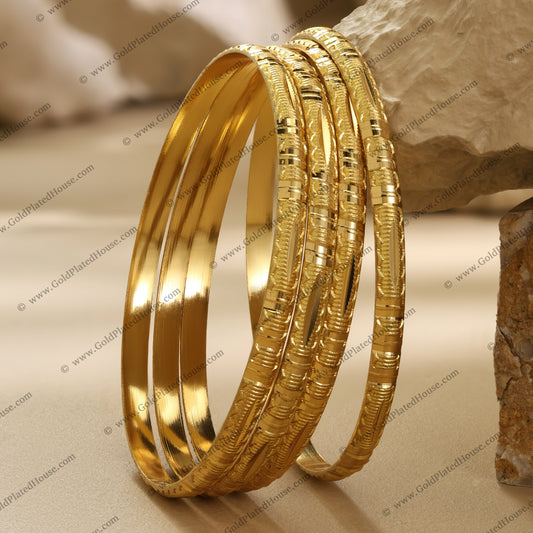 Ribbed Band Gold Look Bangle Set - BNGL017