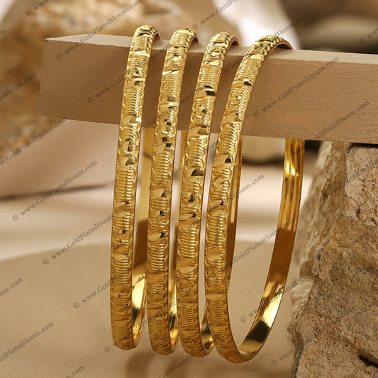 Artistic Swirl & Ribbed Texture Gold Look Bangle Set - BNGL018