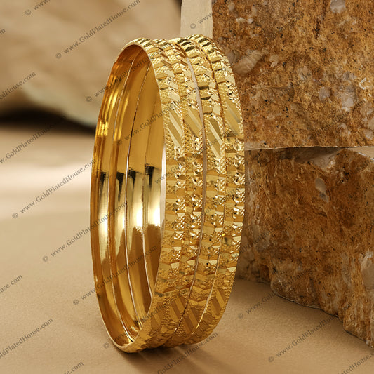 Chevron Wave & Diamond Cut Gold Look Bangles - BNGL021