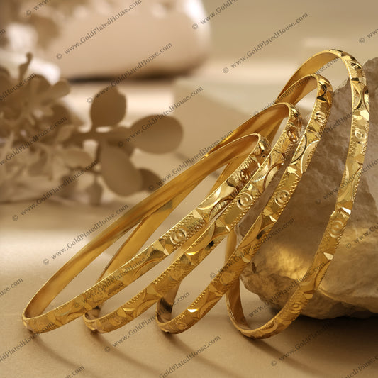 Slender Rose Pattern & Beaded Edge Gold Look Bangle Set - BNGL023