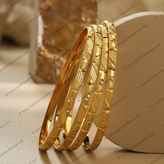 Mixed Geometric Texture & Mirror Finish Gold Look Bangle Set - BNGL024