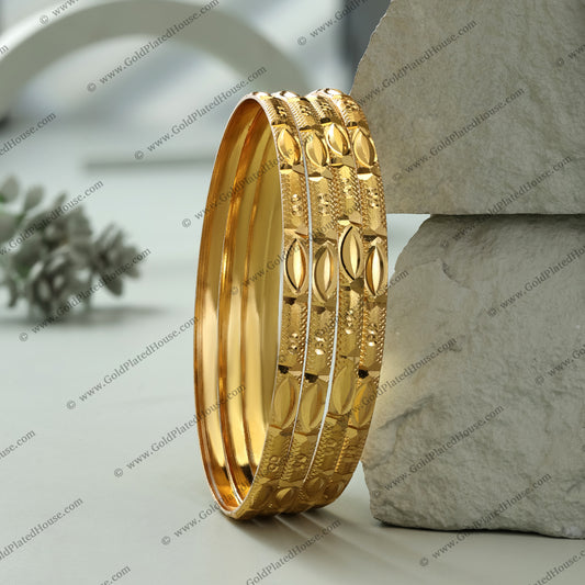 Elegant Almond Motif & Textured Band Gold Look Bangle Set - BNGL025