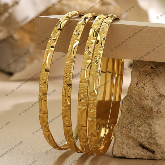 Contemporary Spiral & Circle Design Gold Look Bangle Set - BNGL027
