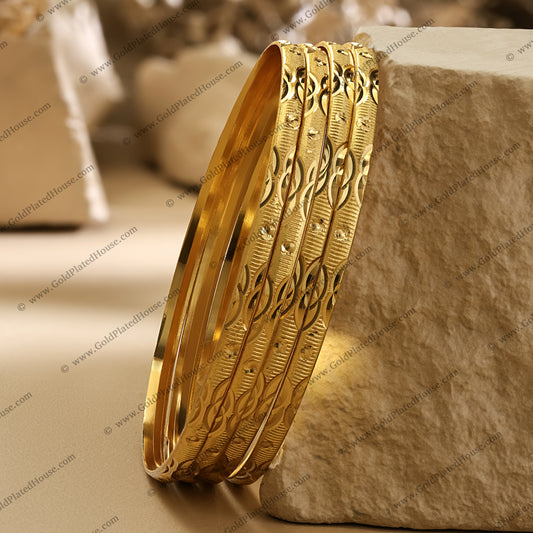 Elegant Wavy Vine Gold Look Bangle Set - BNGL030