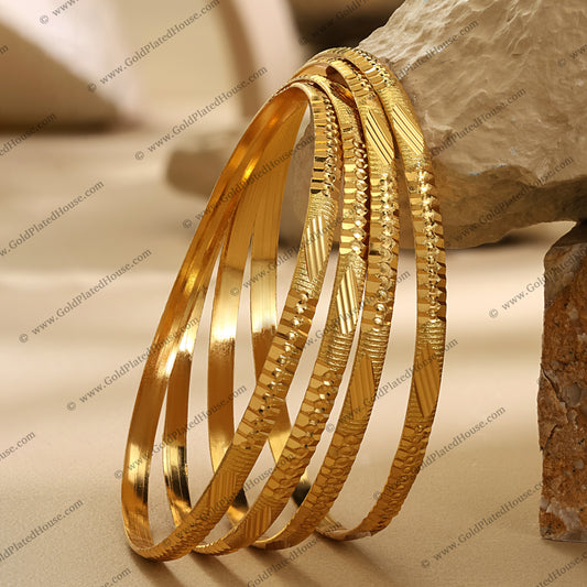 Textured Geometric Bands Gold Look Bangle Set - BNGL031