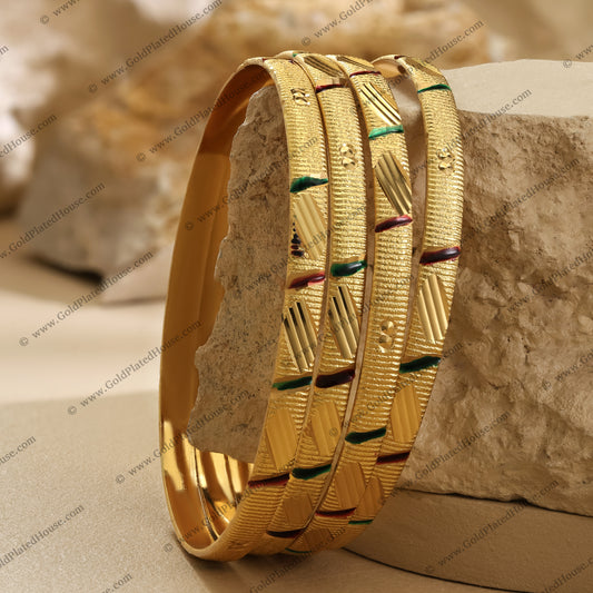Artistic Diagonal Enamel Gold Look Bangle Set - BNGL034