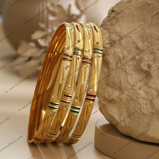 Refined Striped Enamel Gold Look Bangle Set - BNGL035