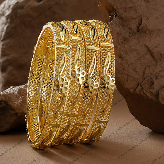 Ornate Floral Lattice Gold Look Bangles - BNGL005