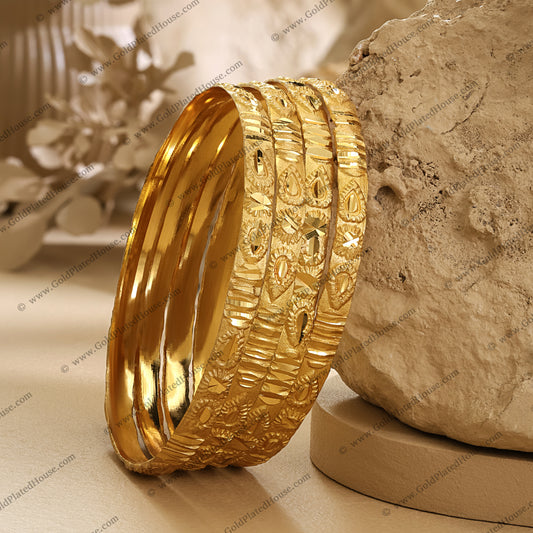 Ornate Teardrop & Diamond Gold Look Bangle Set - BNGL043