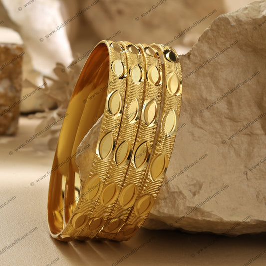 Elegant Polished Leaf Gold Look Bangle Set - BNGL044