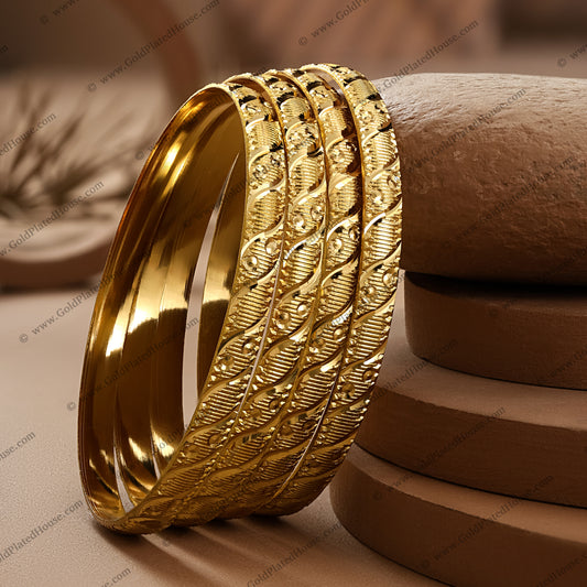 Dynamic Wave & Floral Gold Look Bangle Set - BNGL047