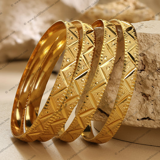Bold Geometric Facet Gold Look Bangle Set - BNGL052