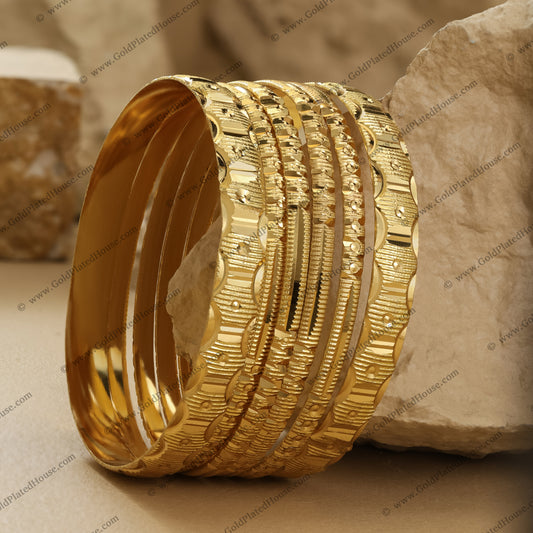 Classic Scalloped Edge & Linear Texture Gold Look Bangle Set - BNGL054