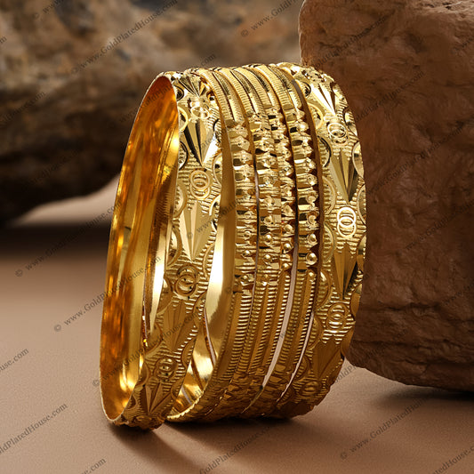 Intricate Scrollwork & Mesh Gold Look Bangle Set - BNGL055