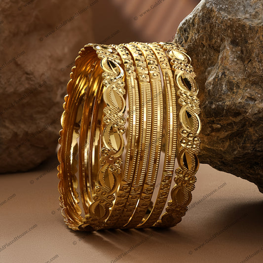 Ornate Leaf & Textured Band Gold Look Bangle Set - BNGL056