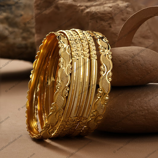 Scalloped Edge & Intricate Pattern Gold Look Bangle Set - BNGL057