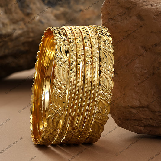 Classic Wavy & Grooved Gold Look Bangle Set - BNGL058
