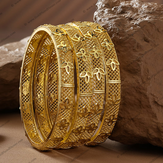 Elaborate Floral Net Gold Look Bangles - BNGL007