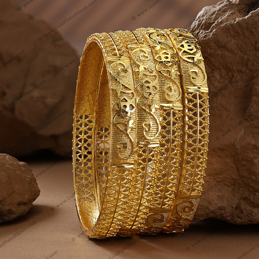 Intricate Scrollwork & Mesh Gold Look Bangles - BNGL008