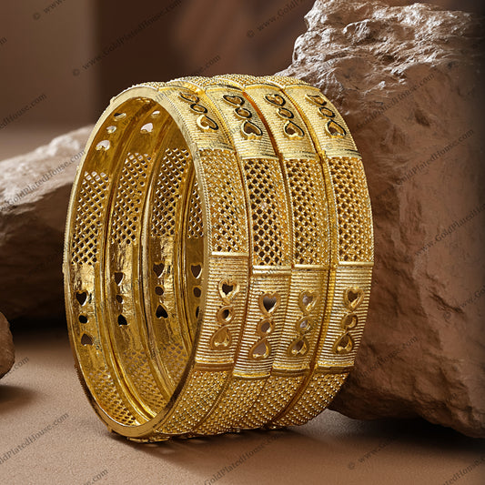 Perforated Heart & Mesh Gold Look Bangle Set - BNGL075