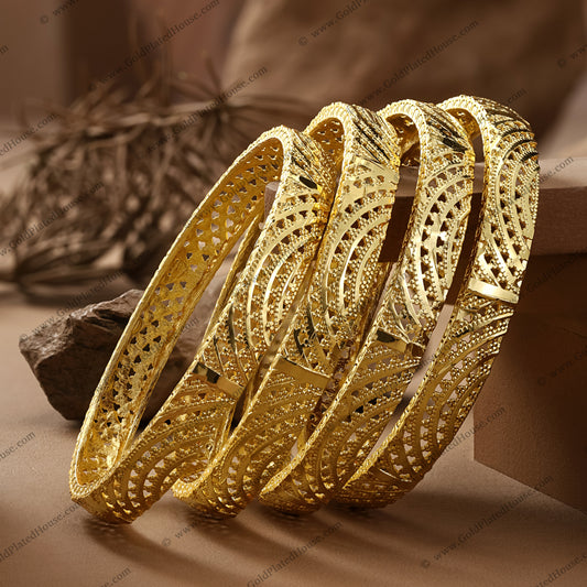 Filigree Swirl Openwork Gold Look Bangle Set - BNGL079