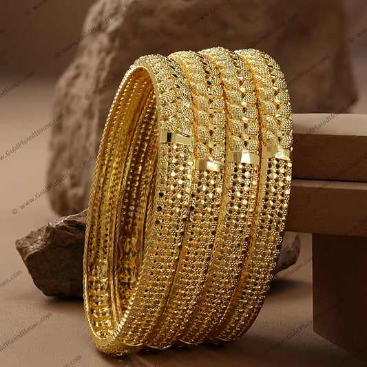 Densely Embossed Textured Gold Look Bangle Set - BNGL076