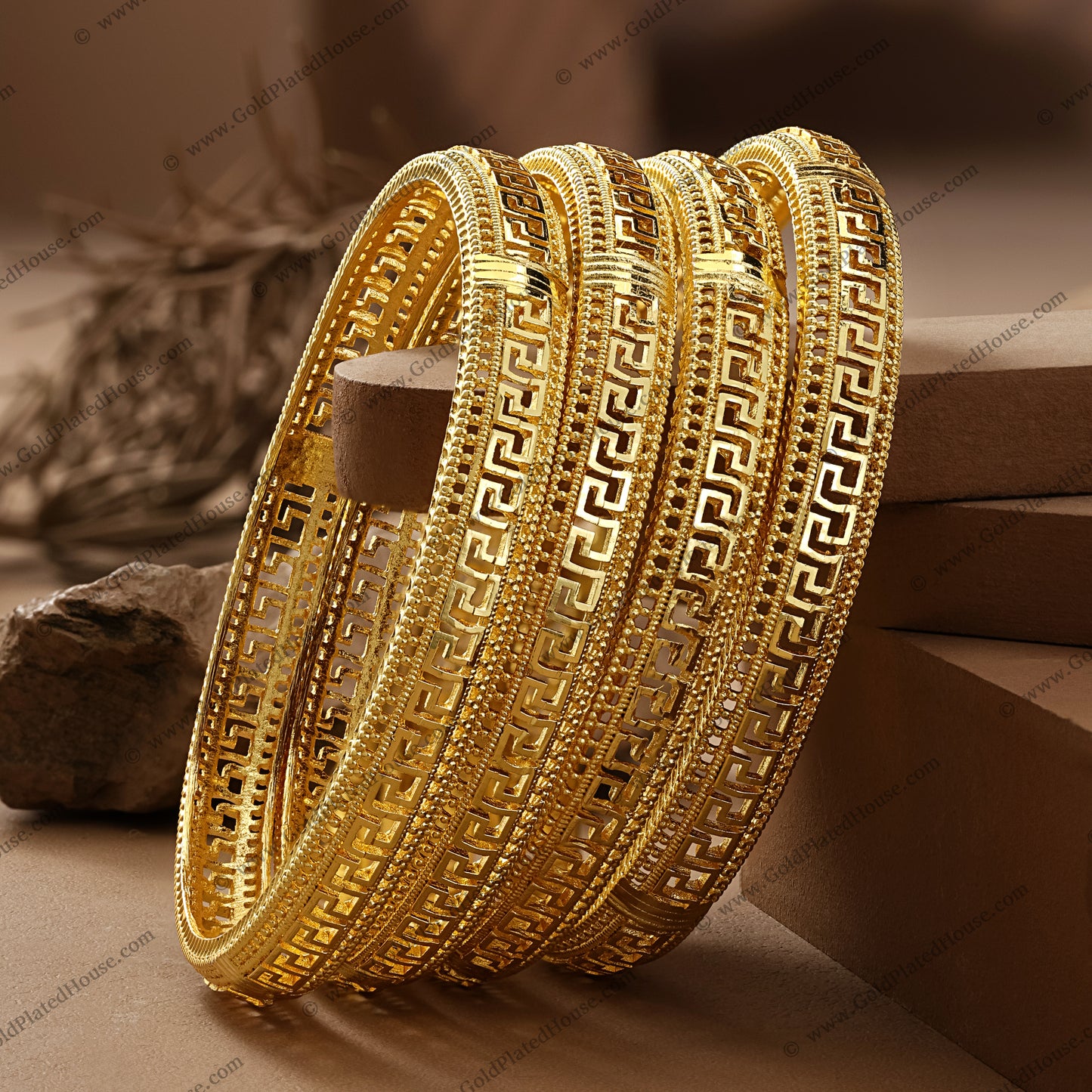Intricate Maze Geometric Gold Look Bangle Set - BNGL077