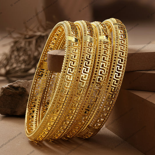 Intricate Maze Geometric Gold Look Bangle Set - BNGL077
