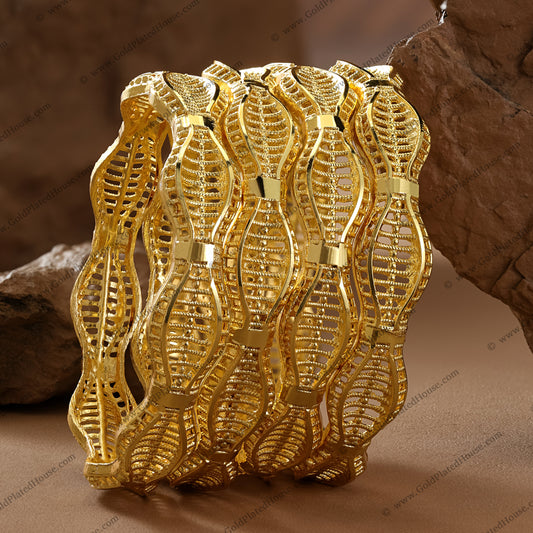 Wavy Openwork Leaf Gold Look Bangle Set - BNGL078